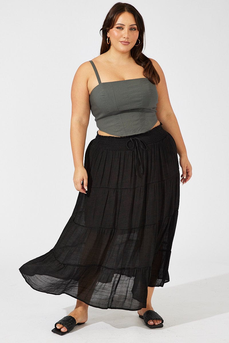 Black Shirred Waist Tie Maxi Skirt for YouandAll Fashion