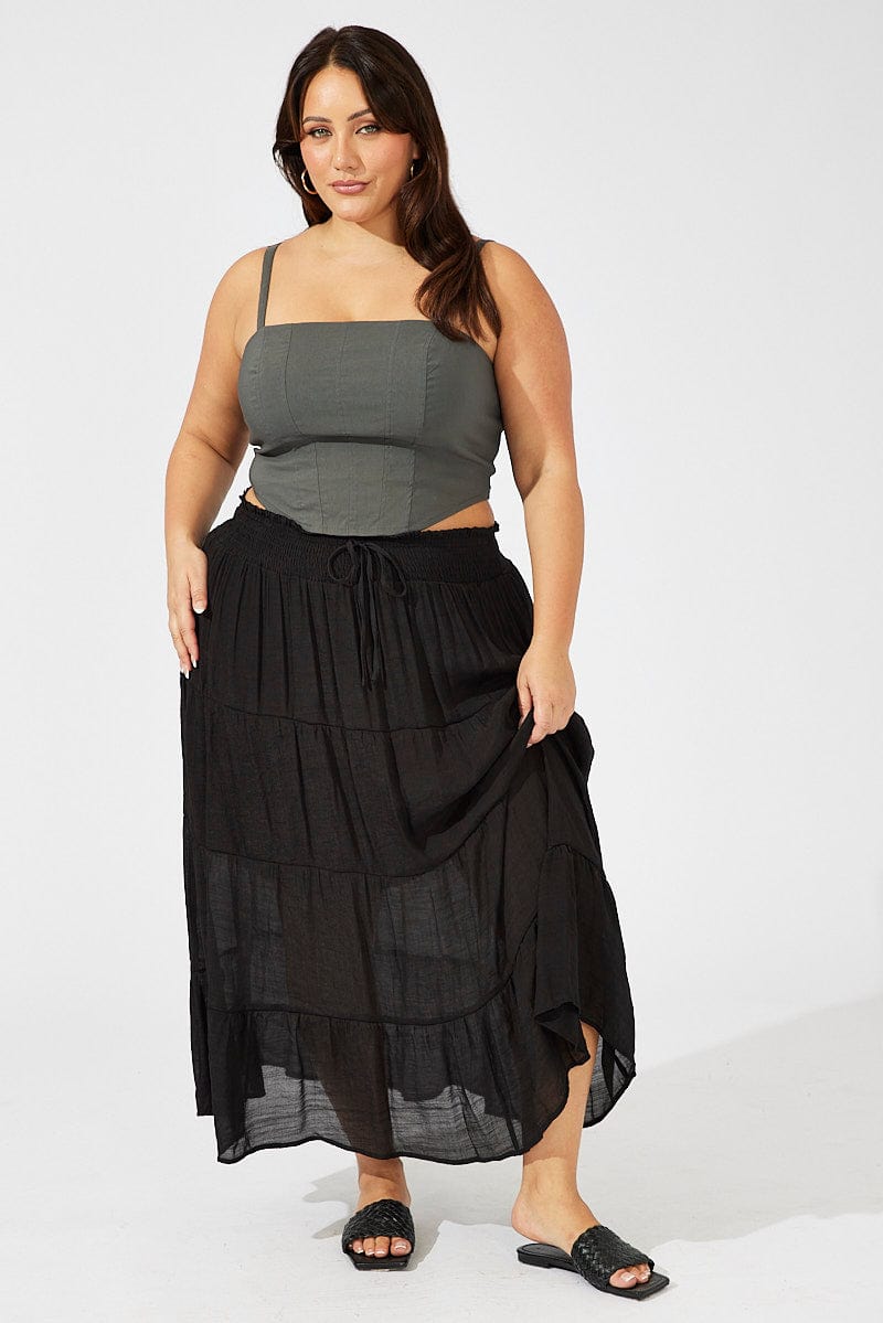 Black Shirred Waist Tie Maxi Skirt for YouandAll Fashion