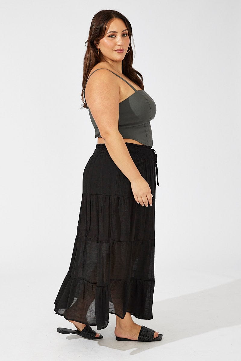 Black Shirred Waist Tie Maxi Skirt for YouandAll Fashion