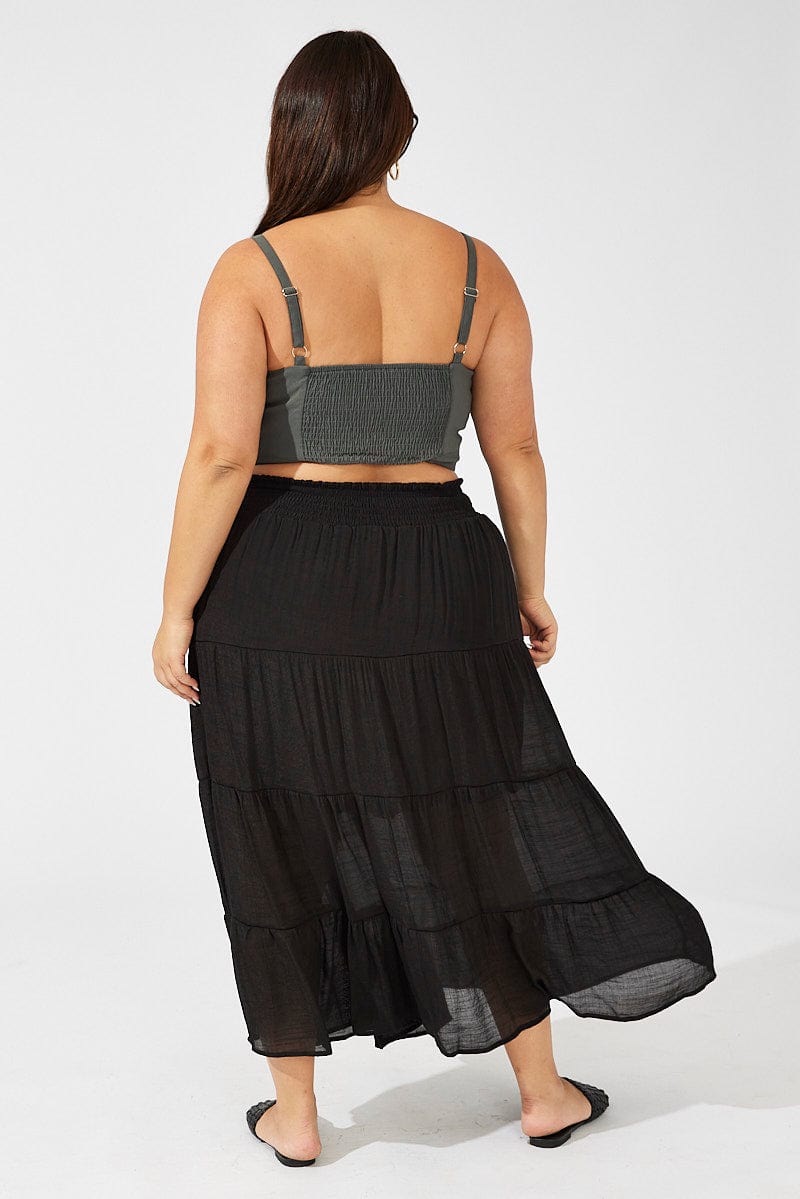 Black Shirred Waist Tie Maxi Skirt for YouandAll Fashion