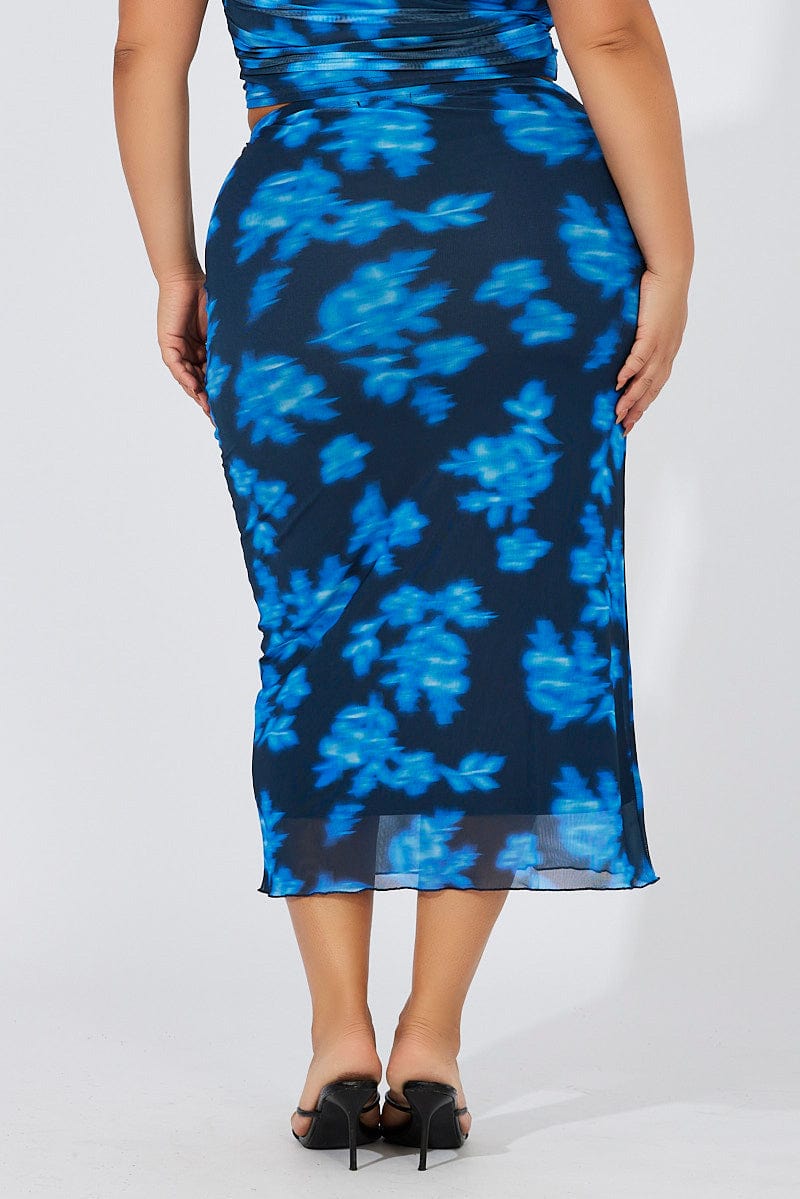 Blue Abstract Mesh Midaxi Skirt for YouandAll Fashion