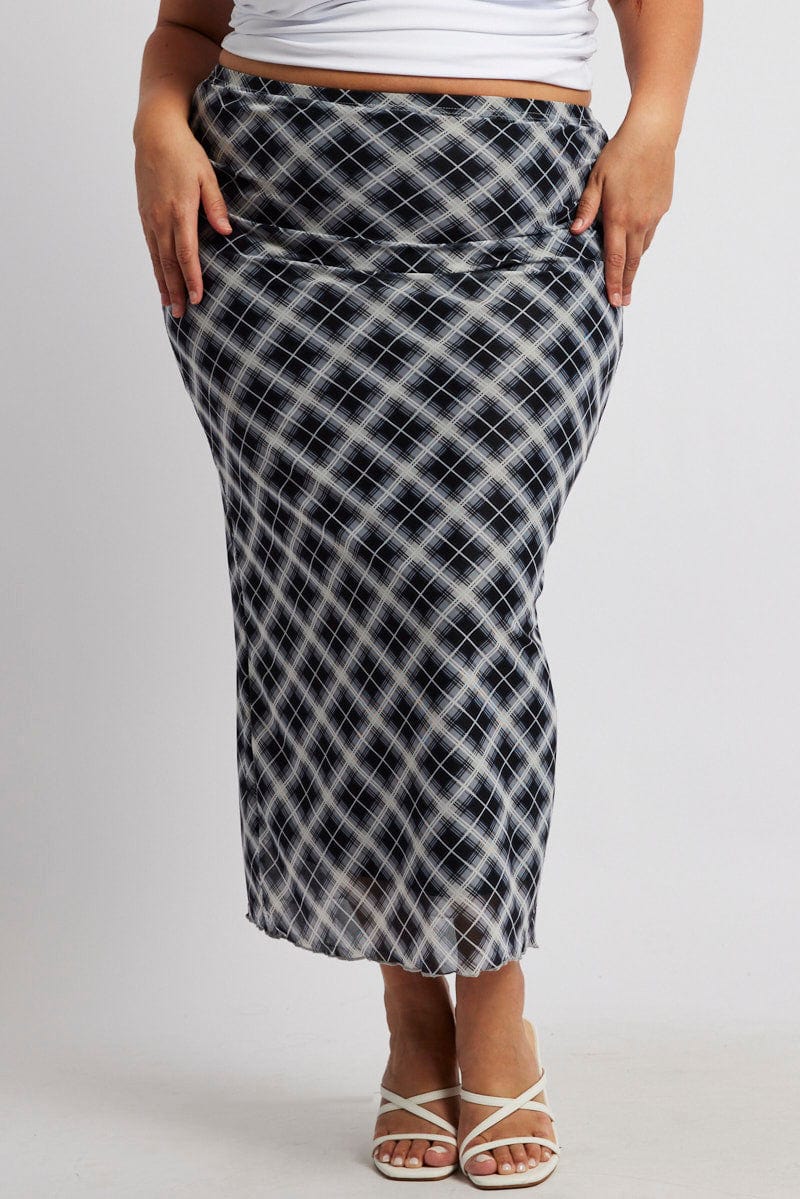 Black Check Plaid Mesh Bodycon Midi Skirt for YouandAll Fashion