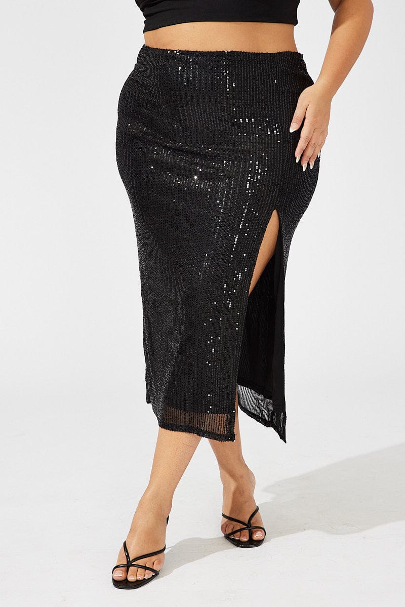 Black Long Sequin Split Skirt for YouandAll Fashion