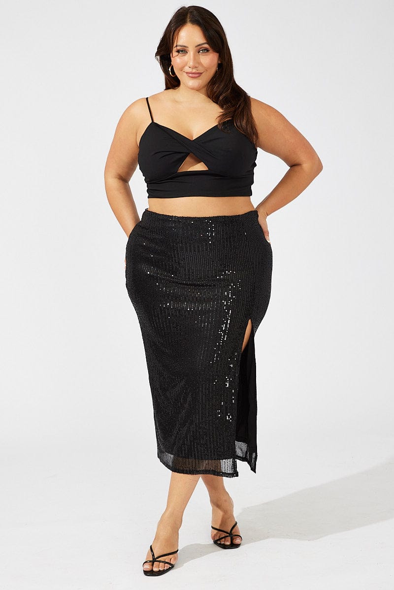 Black Long Sequin Split Skirt for YouandAll Fashion