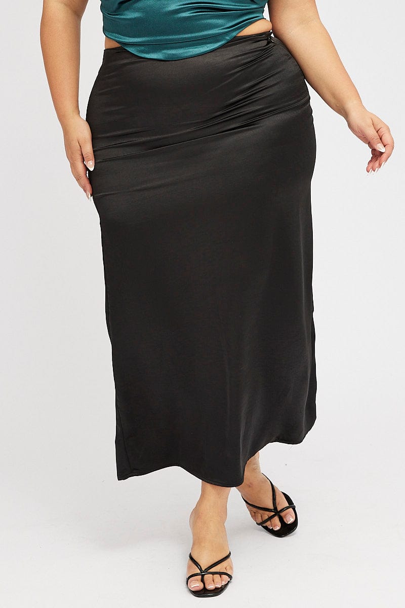 Black satin maxi outlet skirt with split