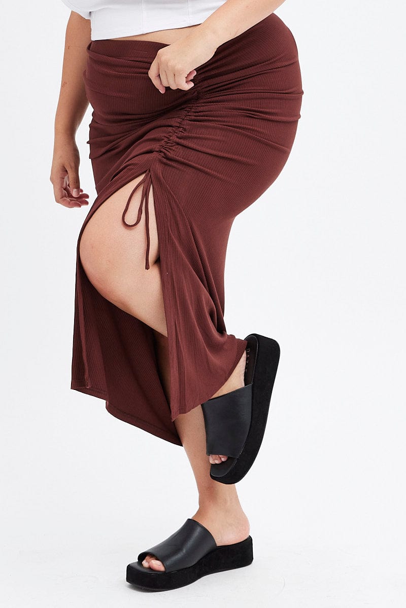 Brown Midi Skirt Rib Ruched for YouandAll Fashion