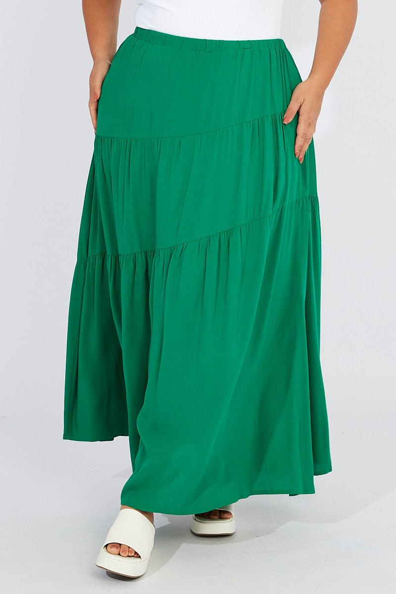 Green Elastic Waist Maxi Skirt Front Split for YouandAll Fashion