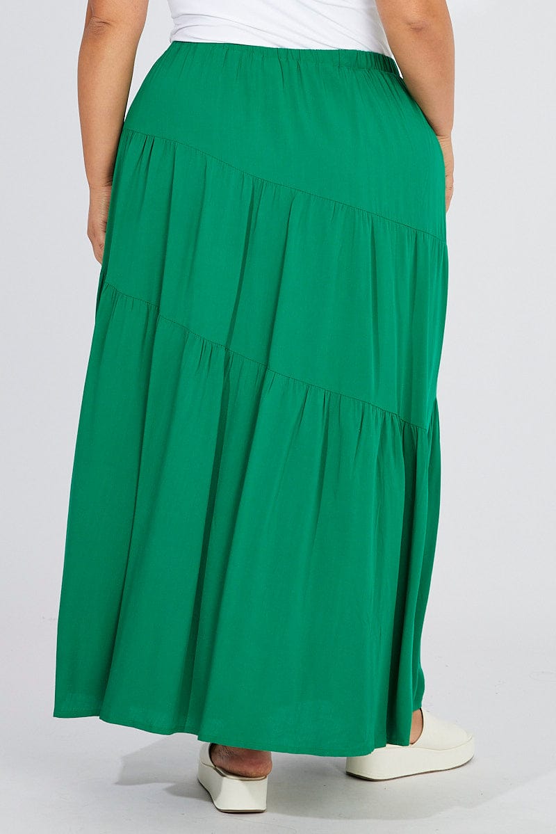 Green Elastic Waist Maxi Skirt Front Split for YouandAll Fashion