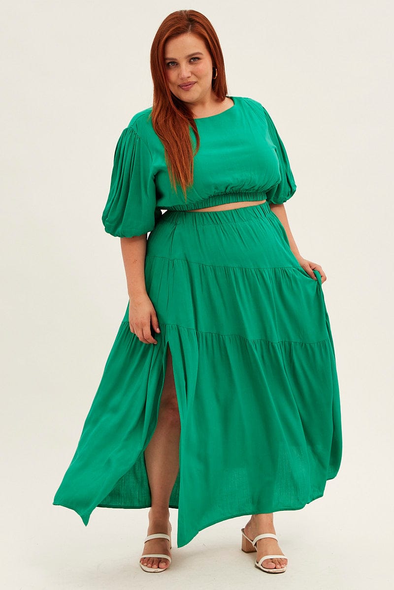Green Maxi Skirt Split Textured You & All