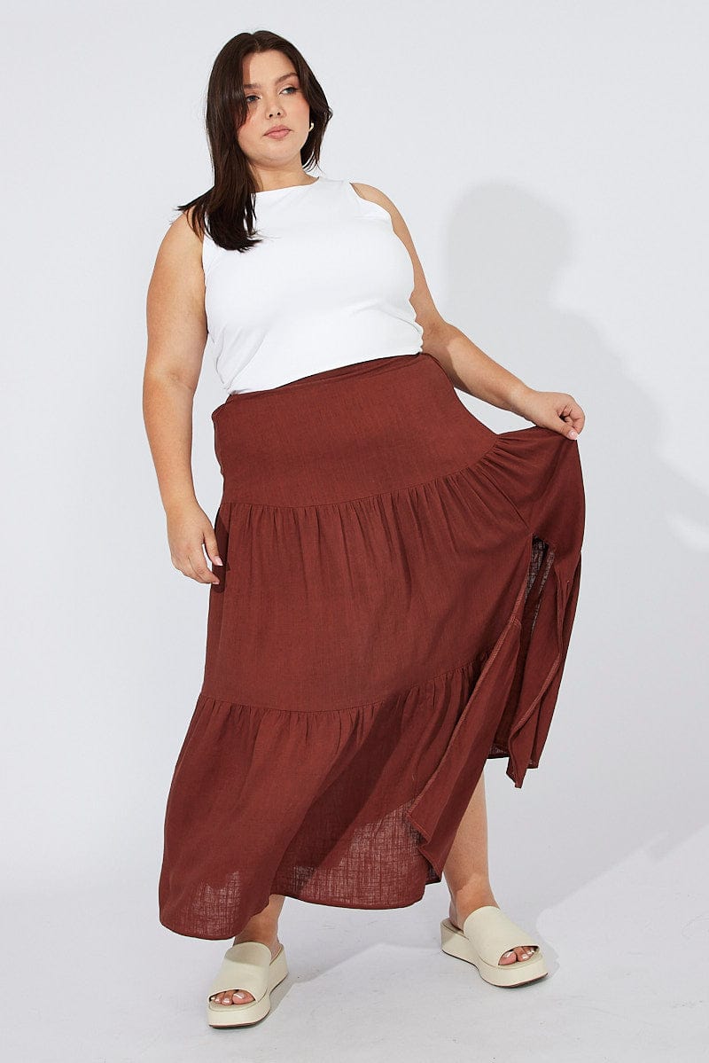 Brown Maxi Skirt Linen Blend Split for YouandAll Fashion