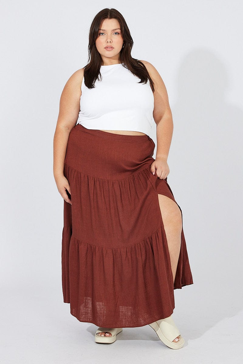 Brown Maxi Skirt Linen Blend Split for YouandAll Fashion