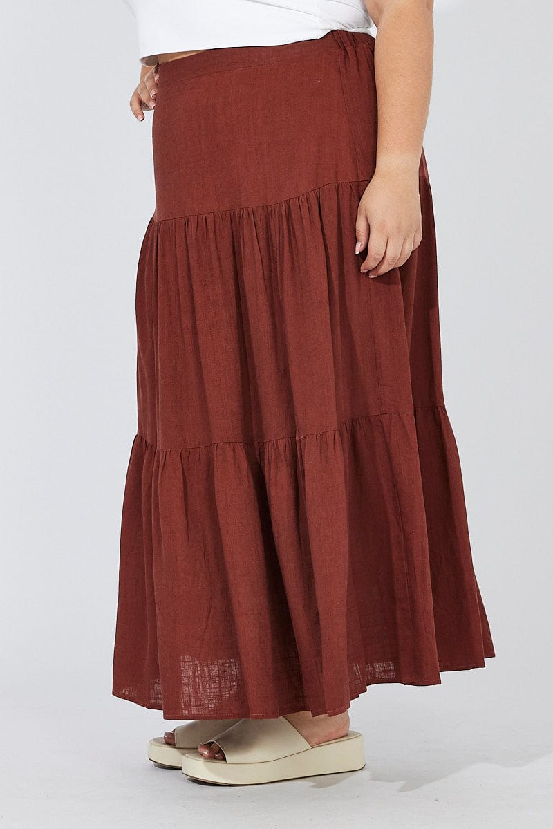 Brown Maxi Skirt Linen Blend Split for YouandAll Fashion