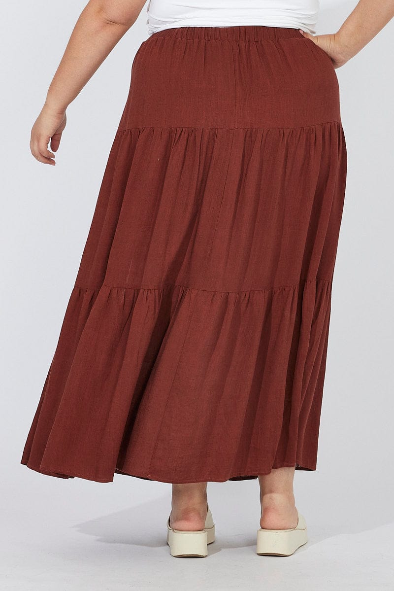 Brown Maxi Skirt Linen Blend Split for YouandAll Fashion