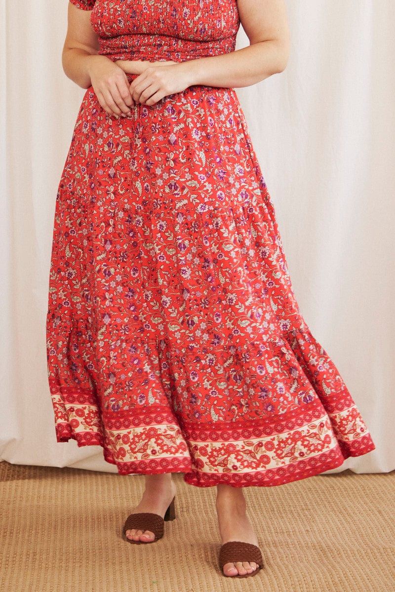 Red Boho Maxi Skirt Tiered for YouandAll Fashion