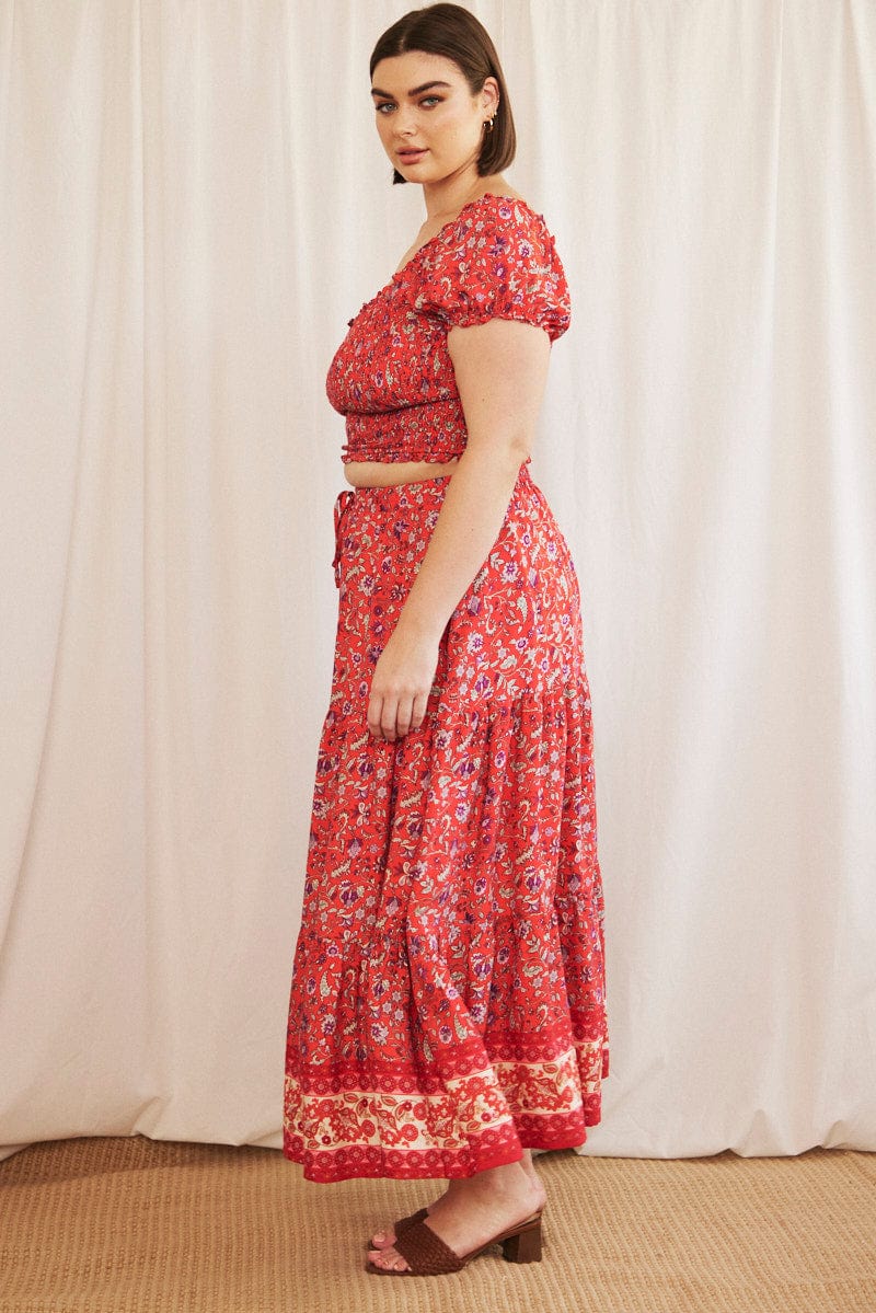 Red Boho Maxi Skirt Tiered for YouandAll Fashion