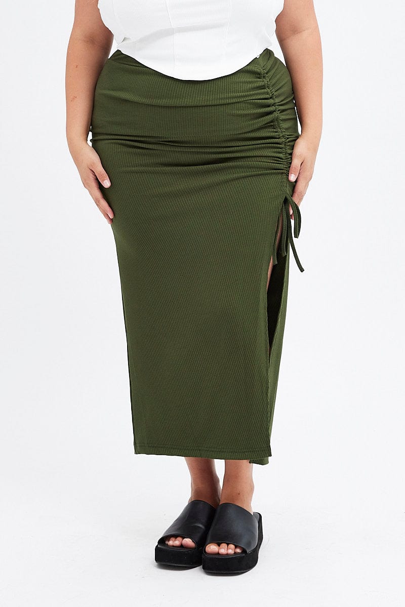 Green Rib Jersey Side Gathering Midi Skirt for YouandAll Fashion