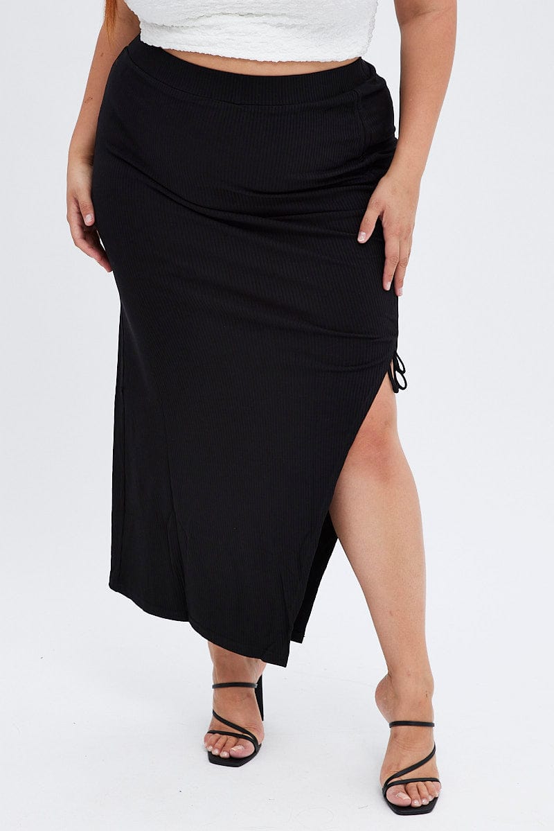 Black Midi Skirt High Waist Split Ribbed Jersey for YouandAll Fashion