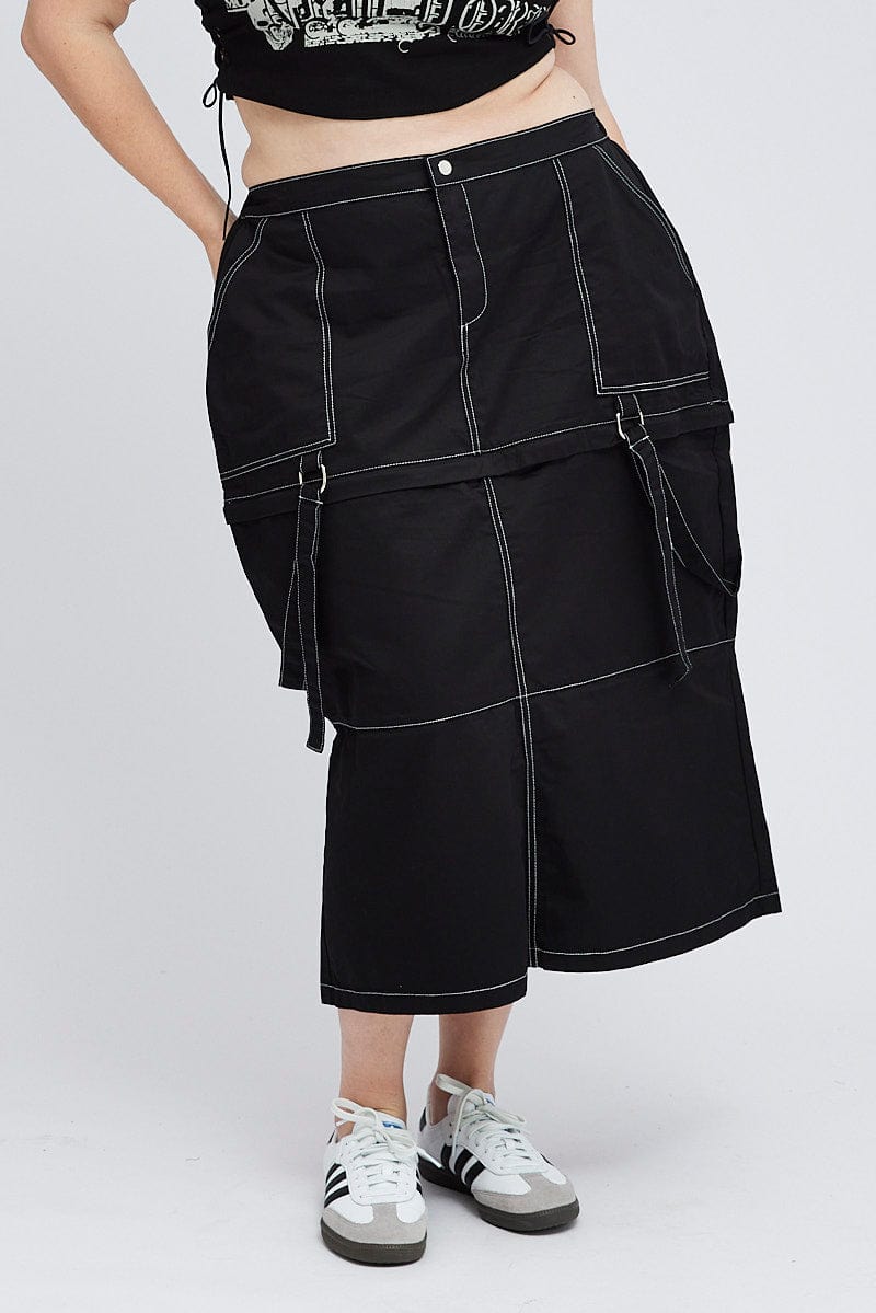 Black Cargo Midi Skirt Detachable Hem for YouandAll Fashion