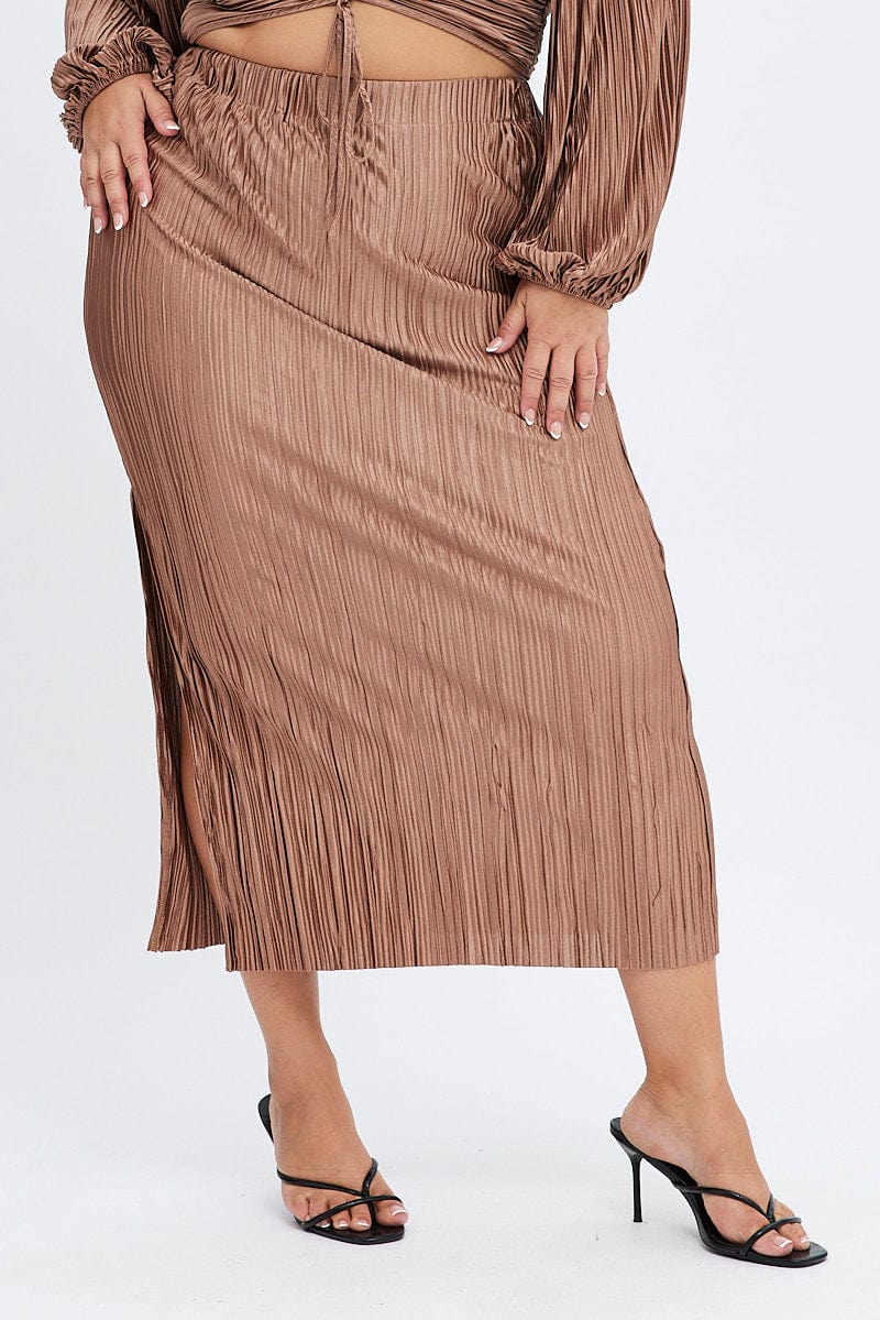 Brown Midi Skirt Side Split Plisse for YouandAll Fashion