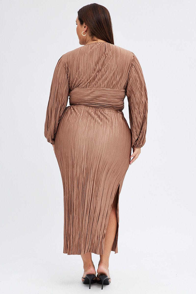 Brown Midi Skirt Side Split Plisse for YouandAll Fashion