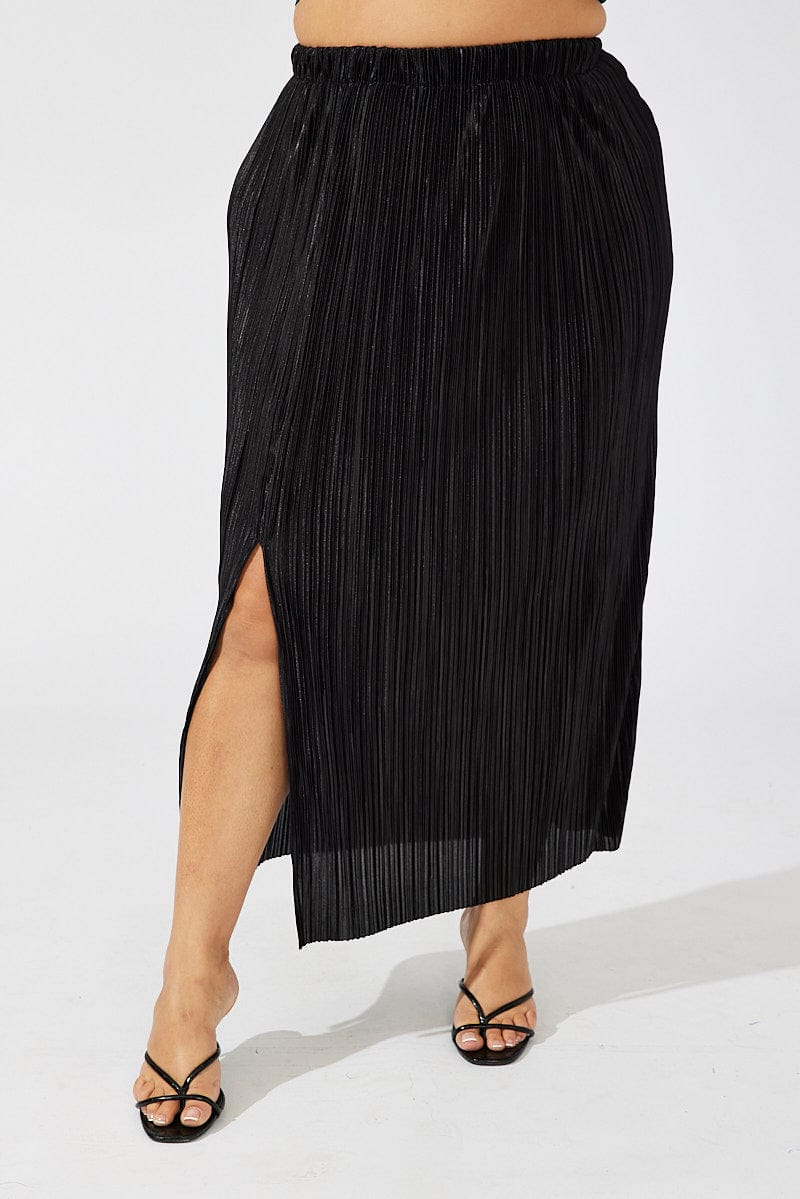 Black Midi Skirt Side Split Plisse for YouandAll Fashion