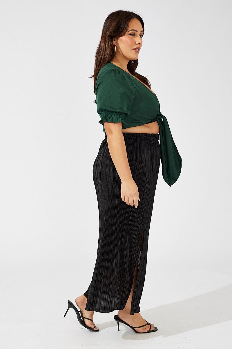 Black Midi Skirt Side Split Plisse for YouandAll Fashion