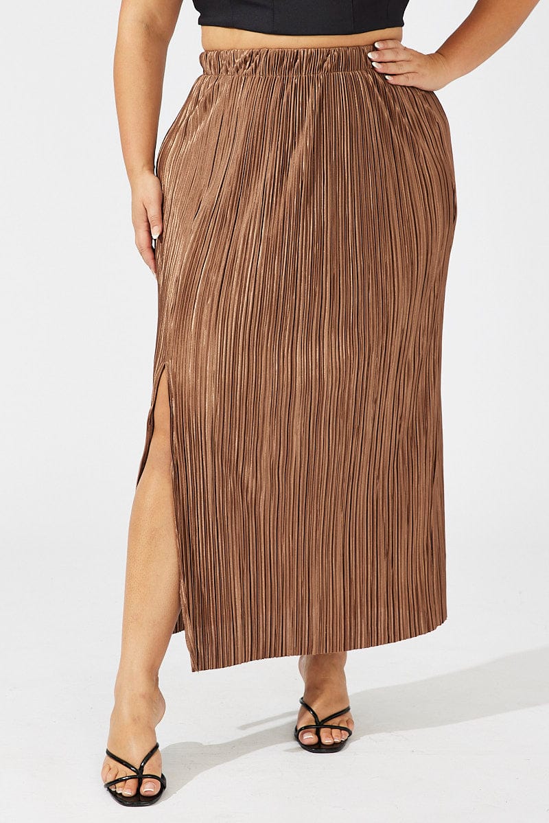 Brown Midi Skirt Side Split Plisse for YouandAll Fashion