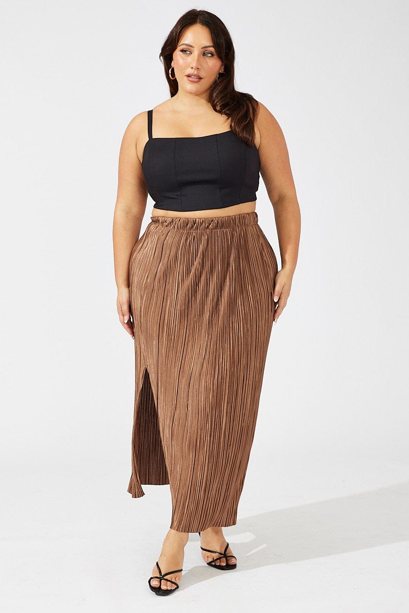 Brown Midi Skirt Side Split Plisse for YouandAll Fashion