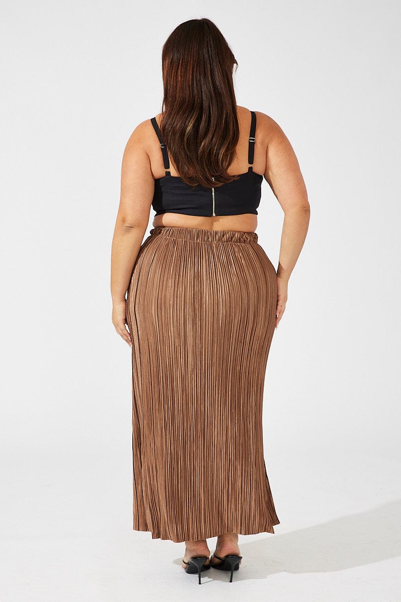 Brown Midi Skirt Side Split Plisse for YouandAll Fashion