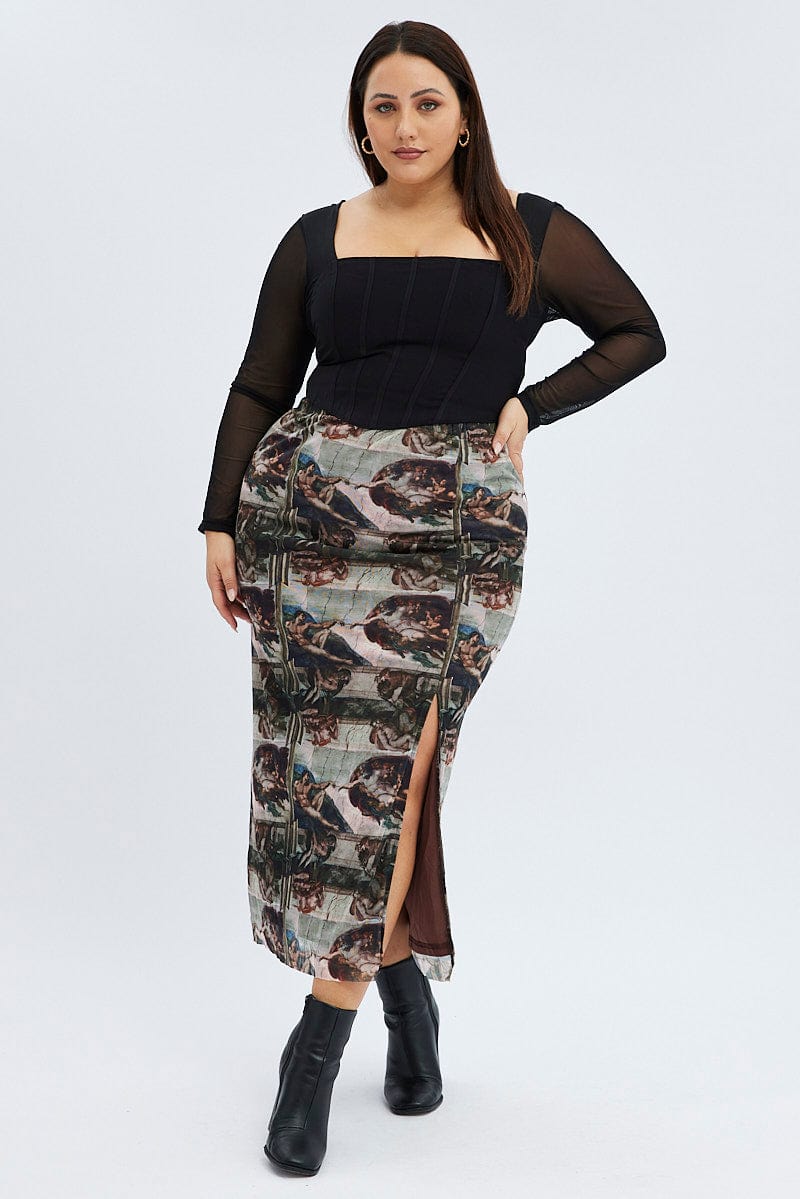 Brown Abstract Midi Skirt Mesh for YouandAll Fashion