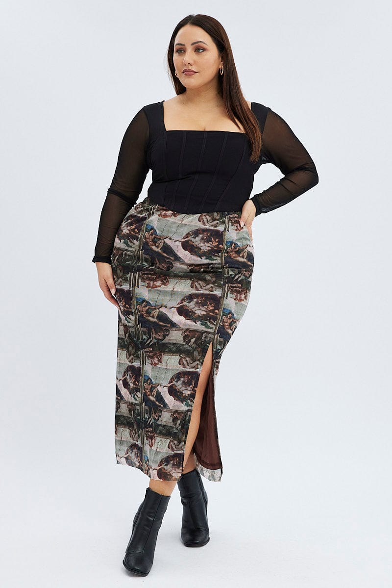 Brown Abstract Midi Skirt Mesh for YouandAll Fashion