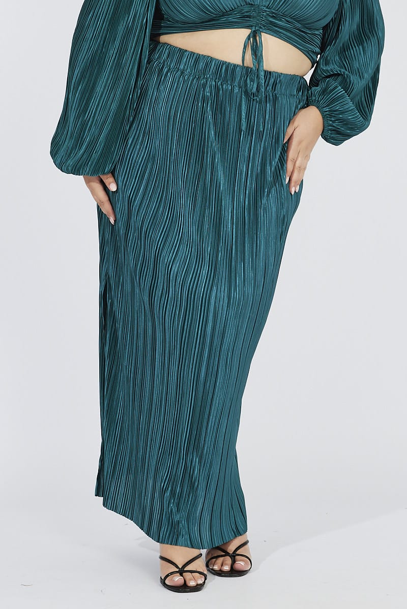 Green Midi Skirt Side Split Plisse for YouandAll Fashion