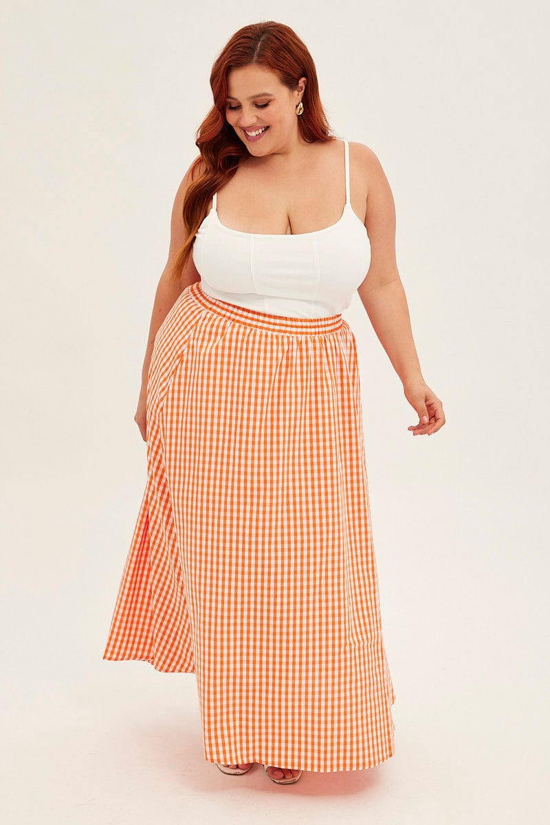 Orange Check Midi Skirt High Waist Elaticated Waist for YouandAll Fashion