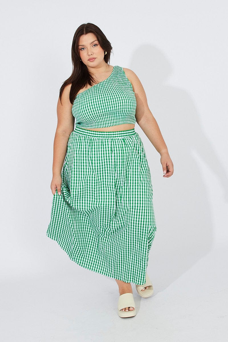 Green Check Maxi Skirt Elastic Waist Side Pockets for YouandAll Fashion