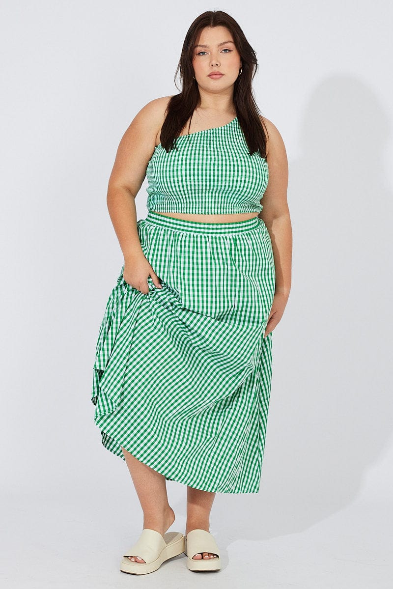 Green Check Maxi Skirt Elastic Waist Side Pockets for YouandAll Fashion