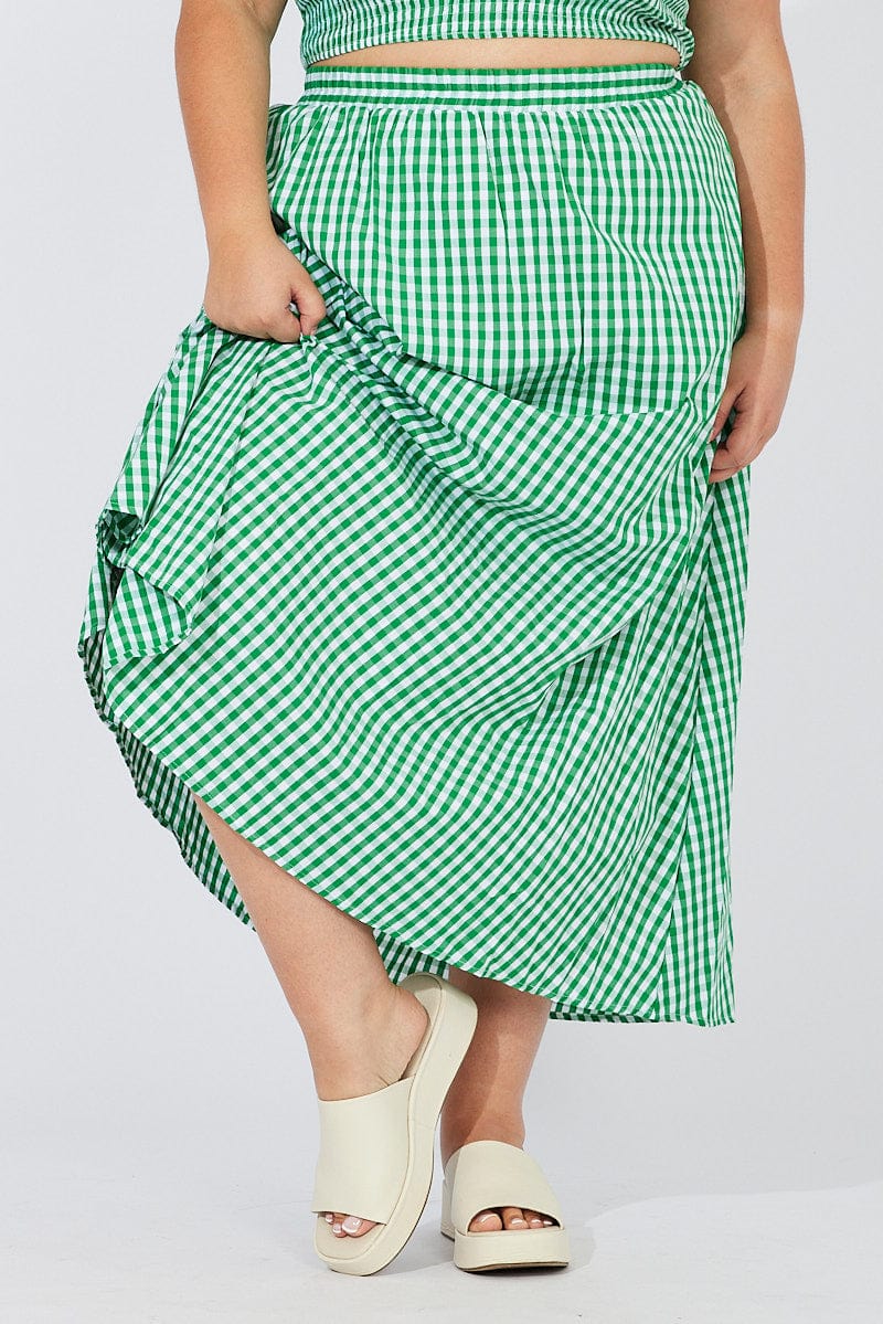 Green Check Maxi Skirt Elastic Waist Side Pockets for YouandAll Fashion