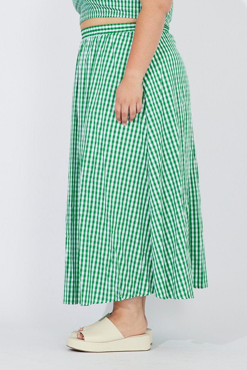 Green Check Maxi Skirt Elastic Waist Side Pockets for YouandAll Fashion