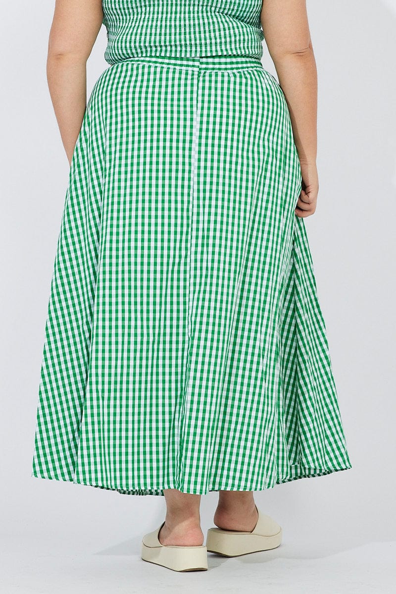 Green Check Maxi Skirt Elastic Waist Side Pockets for YouandAll Fashion