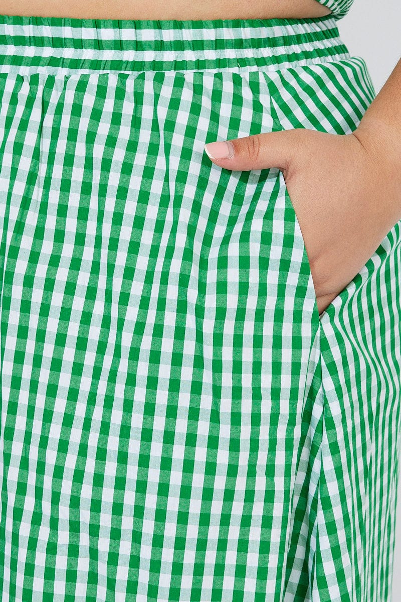 Green Check Maxi Skirt Elastic Waist Side Pockets for YouandAll Fashion