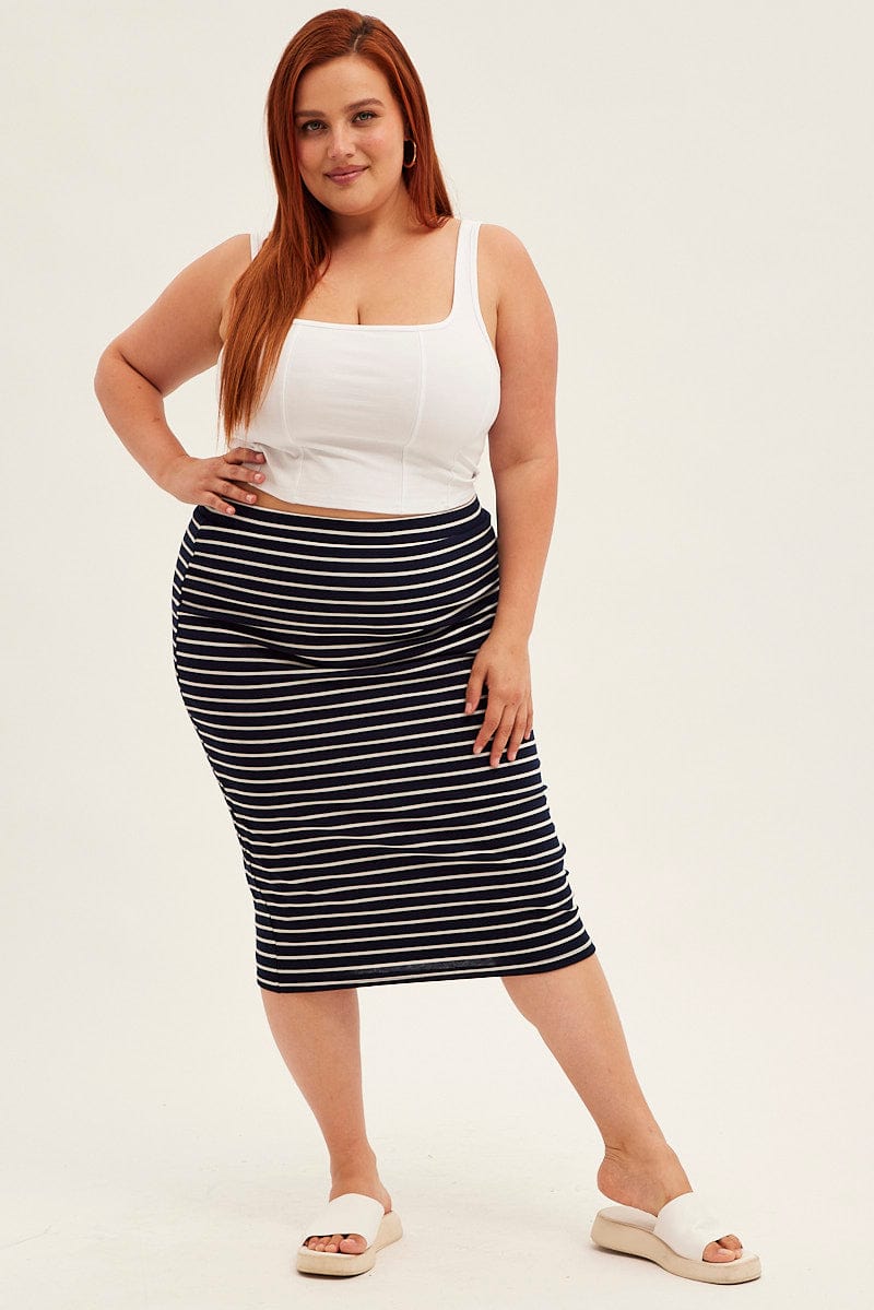 Blue Stripe Midi Skirt High Waist for YouandAll Fashion