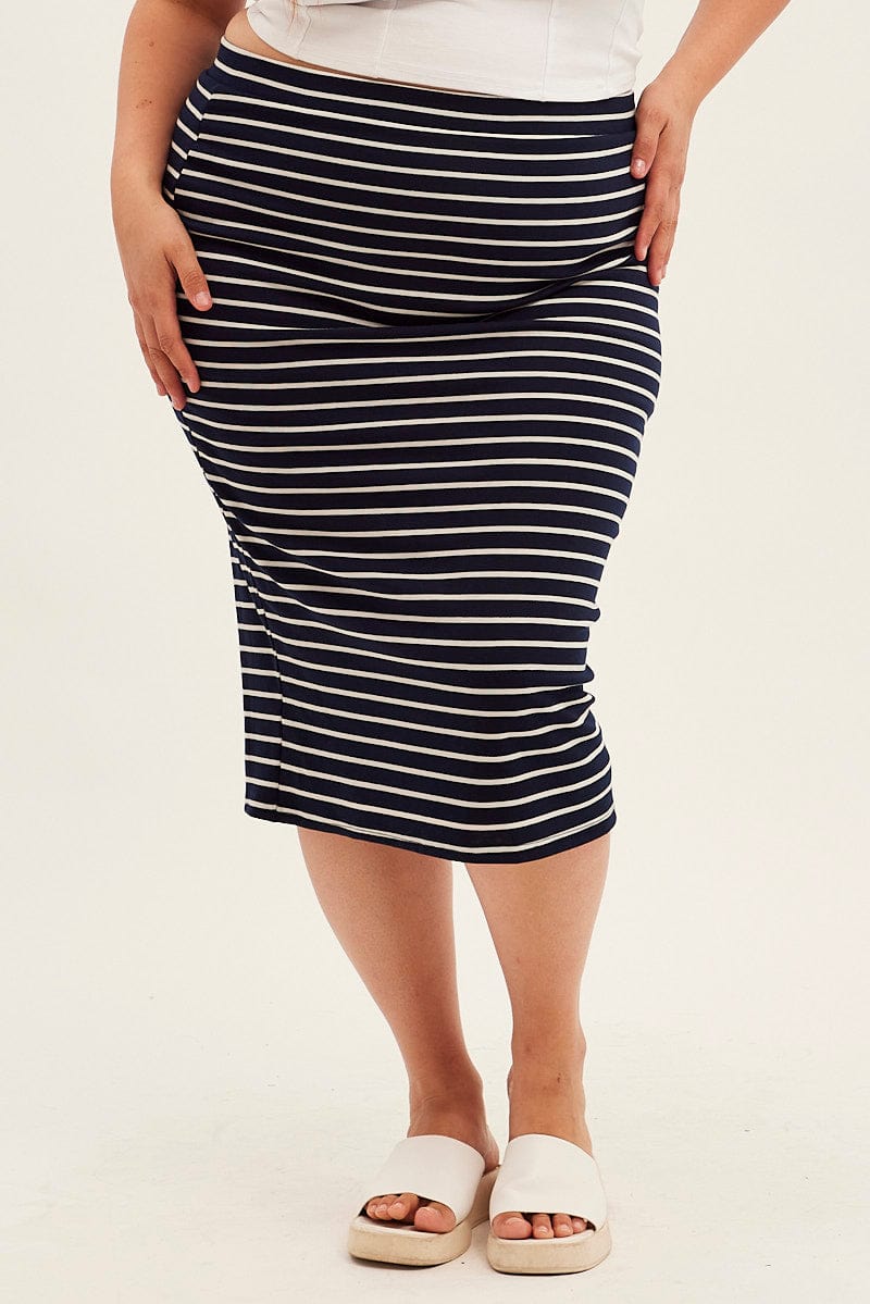 Blue Stripe Midi Skirt High Waist for YouandAll Fashion