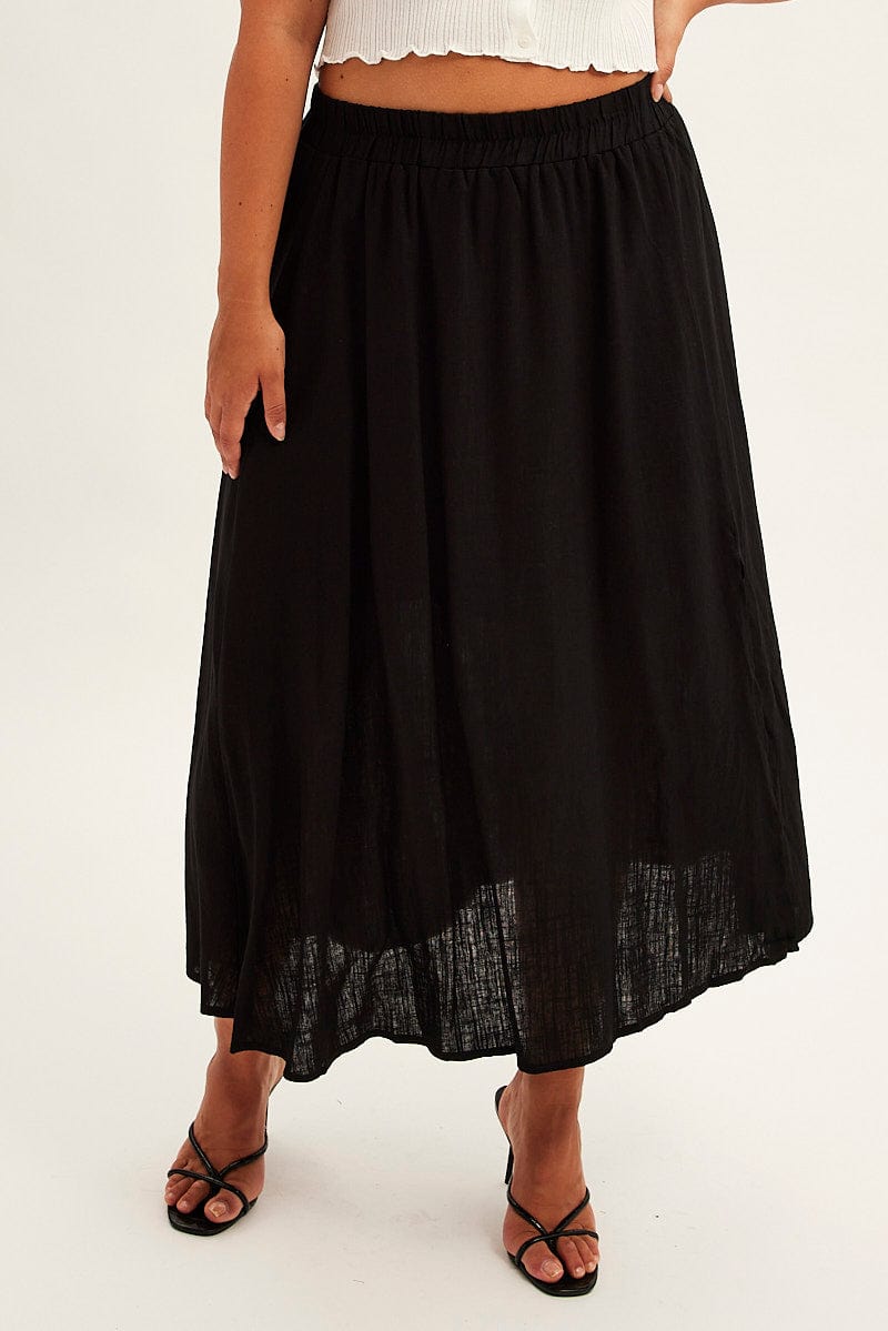 Black Midi Skirt High Waist Linen Blend for YouandAll Fashion