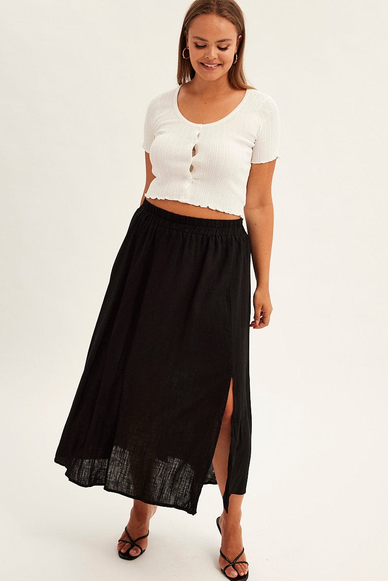 Black Midi Skirt High Waist Linen Blend for YouandAll Fashion