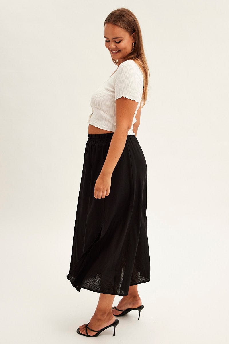 Black Midi Skirt High Waist Linen Blend for YouandAll Fashion