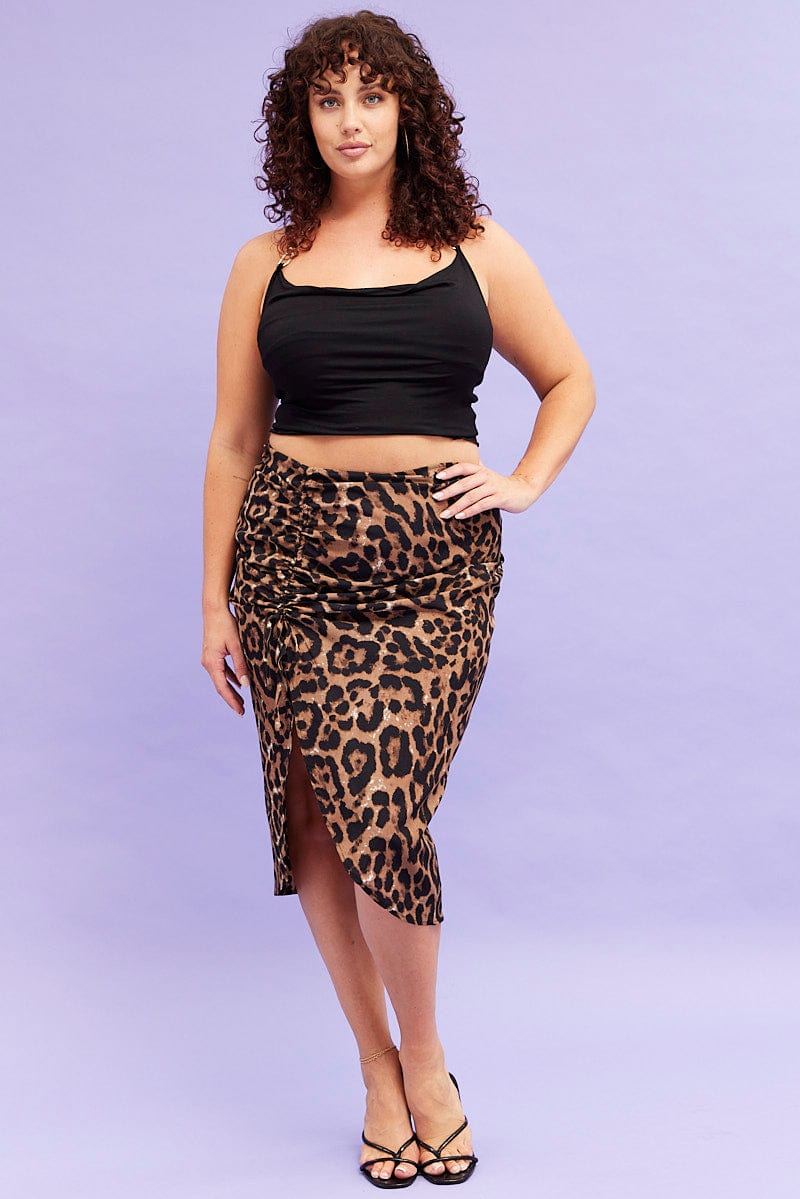 Beige Animal Print Midi Skirt High Waist Ruched for YouandAll Fashion