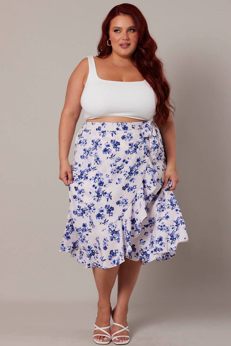 White Ditsy Wrap Frill Midi Skirt for YouandAll Fashion