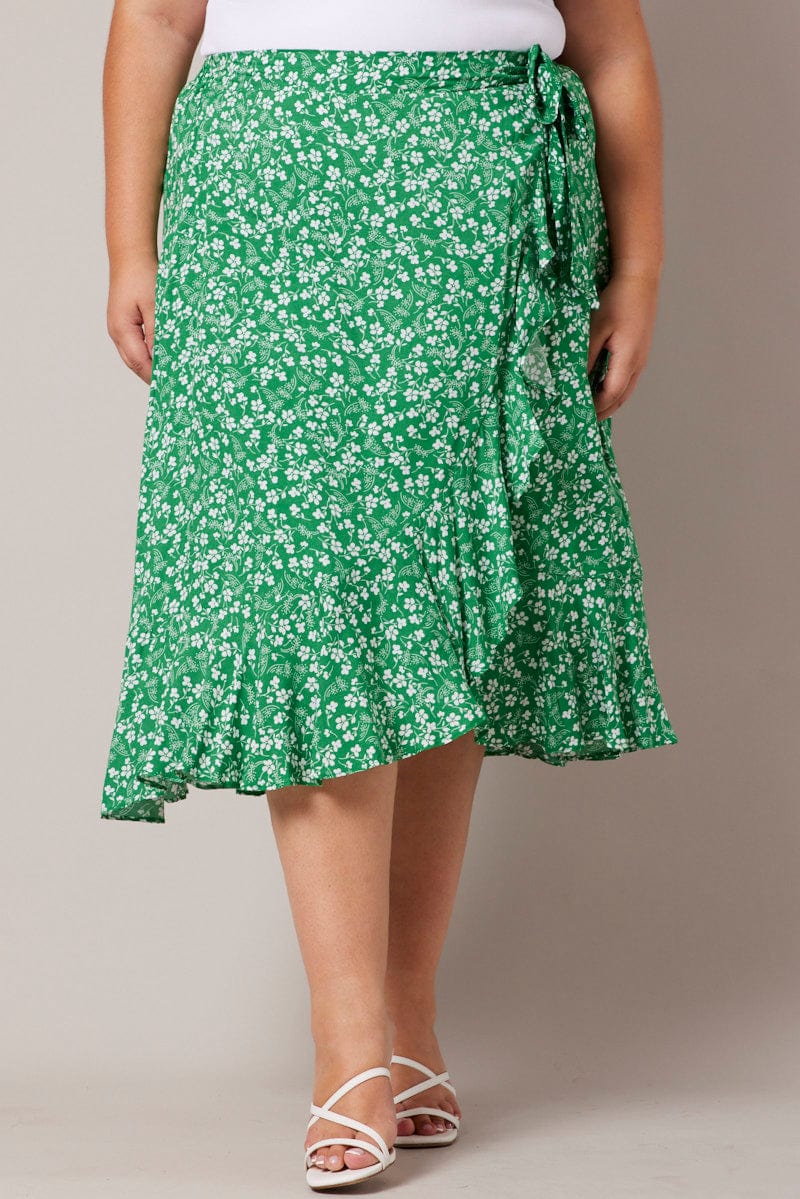 Green Ditsy Wrapover Frill Rayon Midi Skirt for YouandAll Fashion