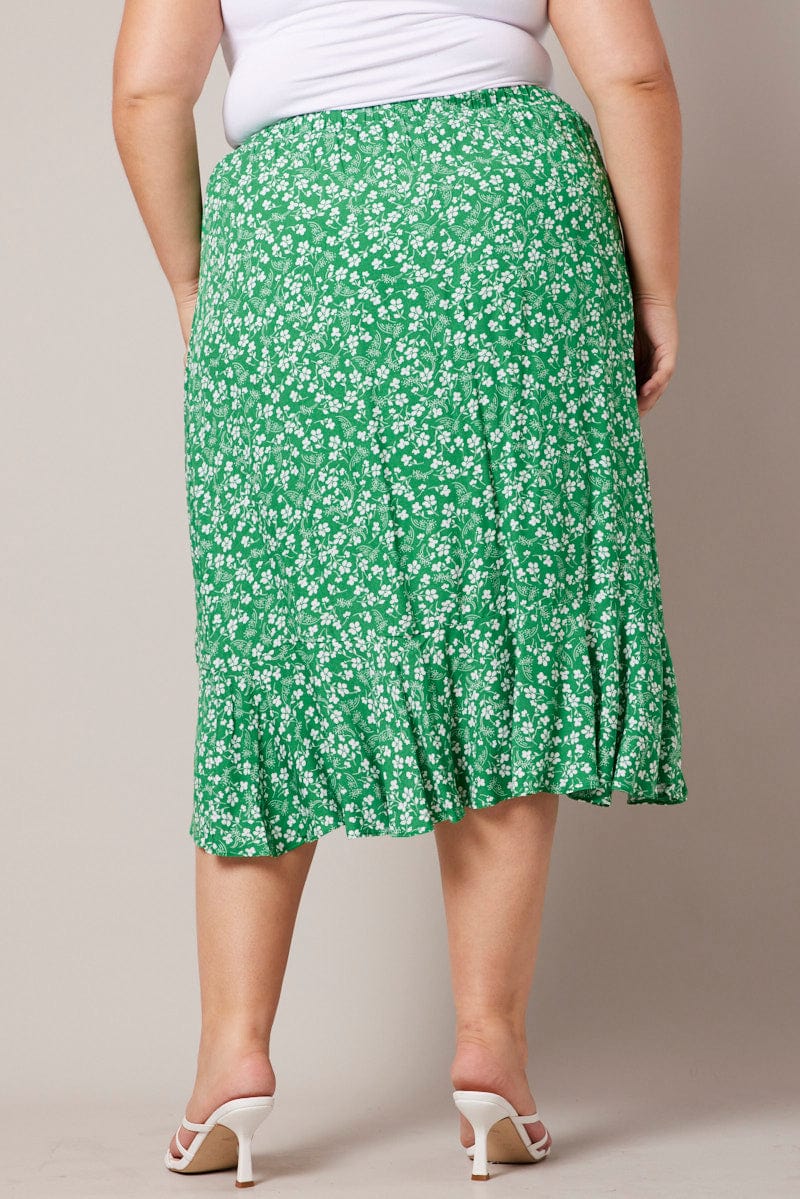 Green Ditsy Wrapover Frill Rayon Midi Skirt for YouandAll Fashion