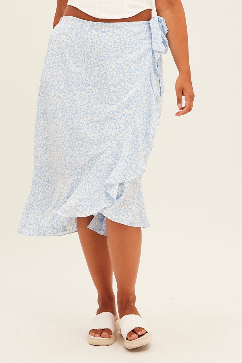Blue Ditsy Wrap Skirt Midi Ruffle for YouandAll Fashion
