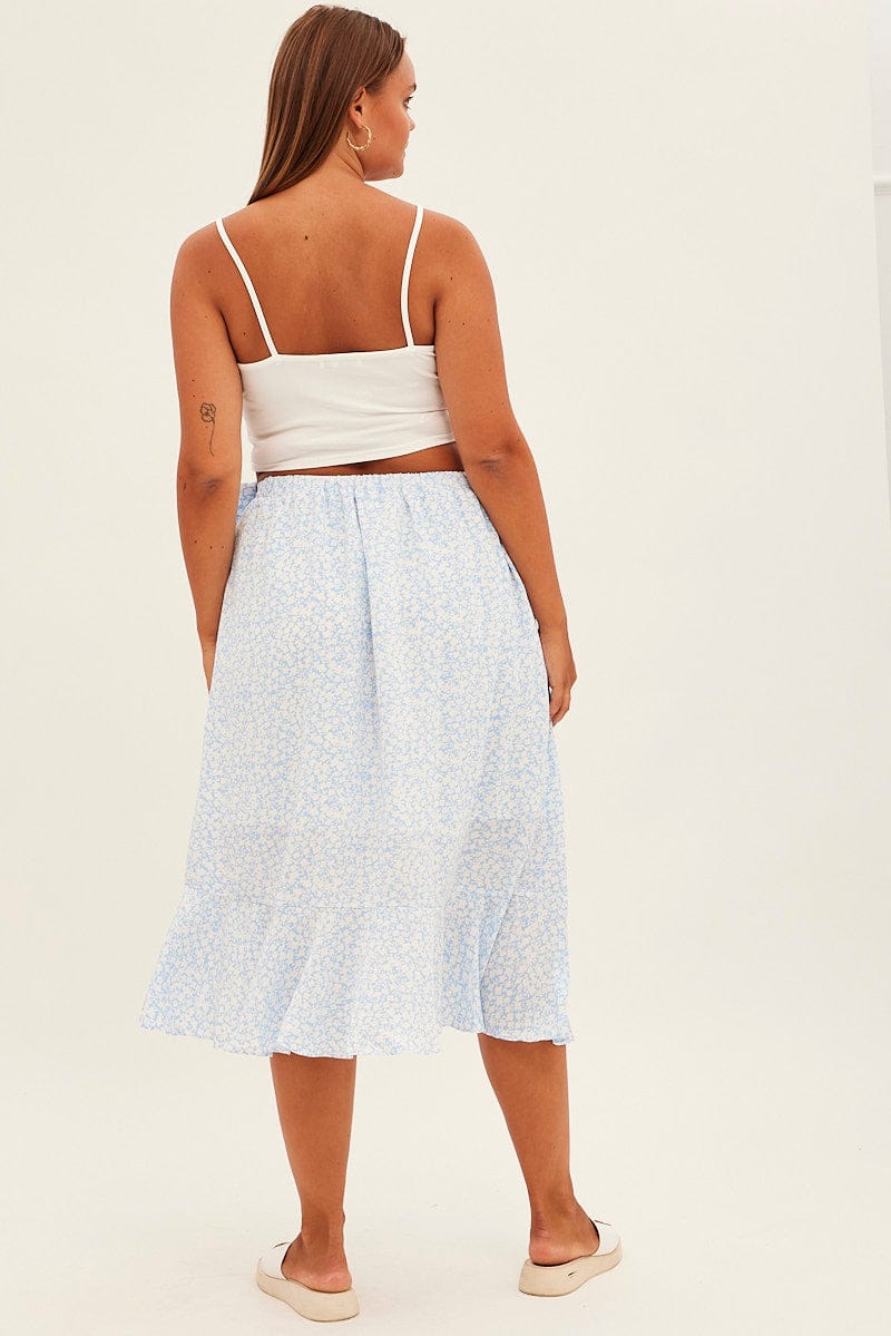 Blue Ditsy Wrap Skirt Midi Ruffle for YouandAll Fashion